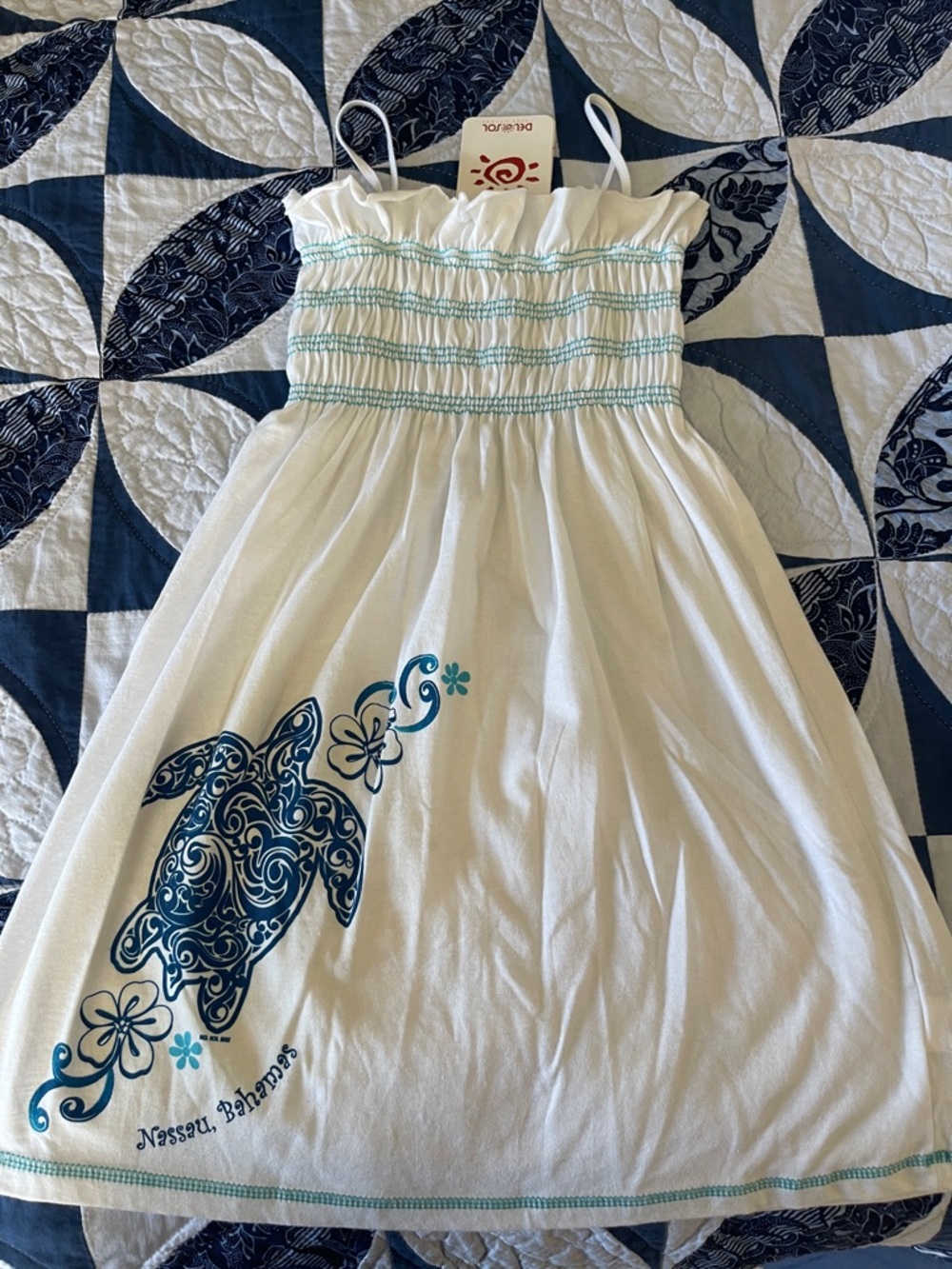 Kids White Dress with Blue Turtle Graphic - Nassau, Bahamas